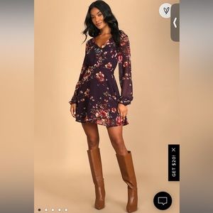 Lulus Always Yours Plum Purple Floral Print Long Sleeve Skater Dress. Size small